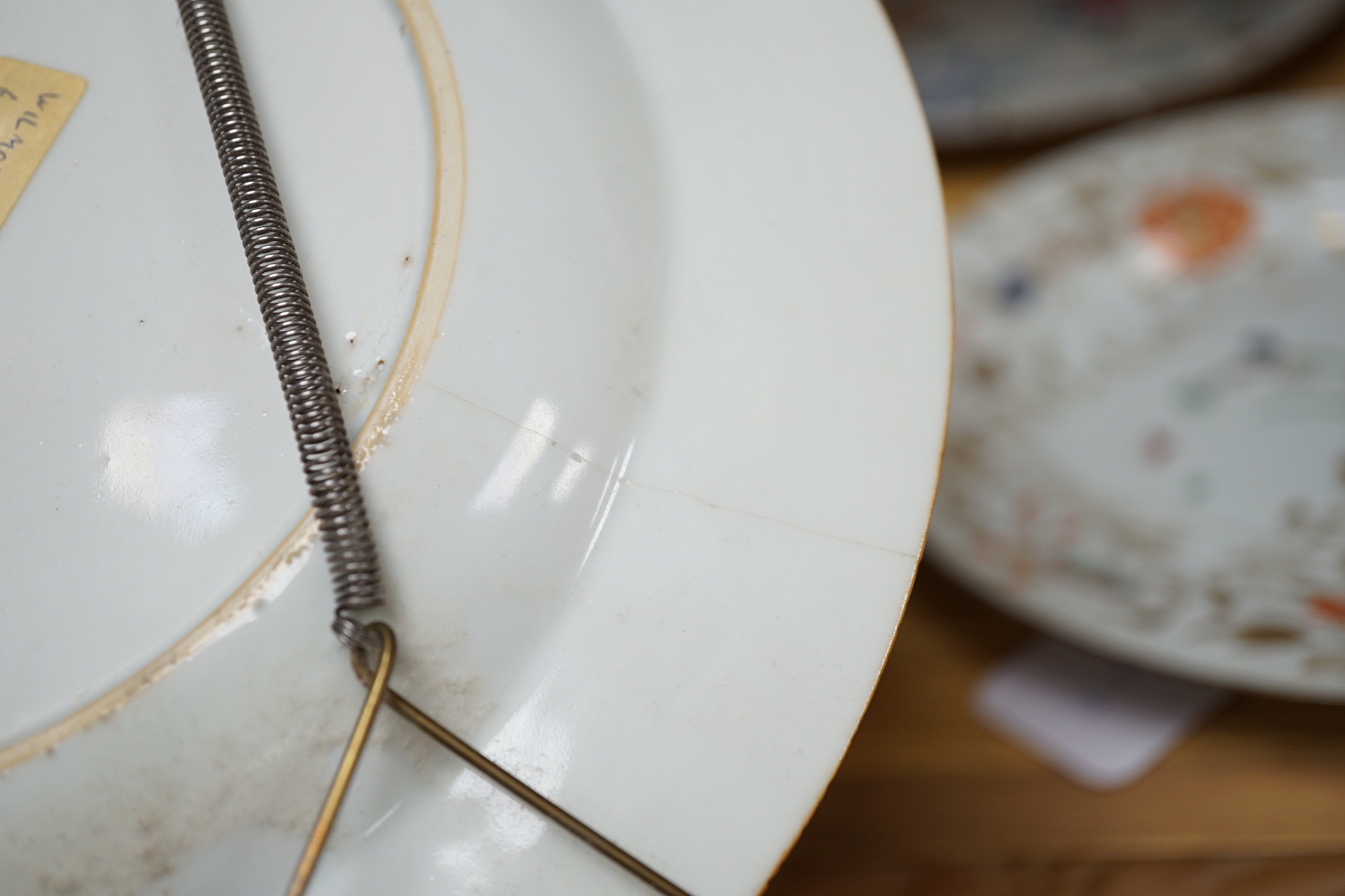 Three 18th Chinese export porcelain plates, 23cm and another plate U